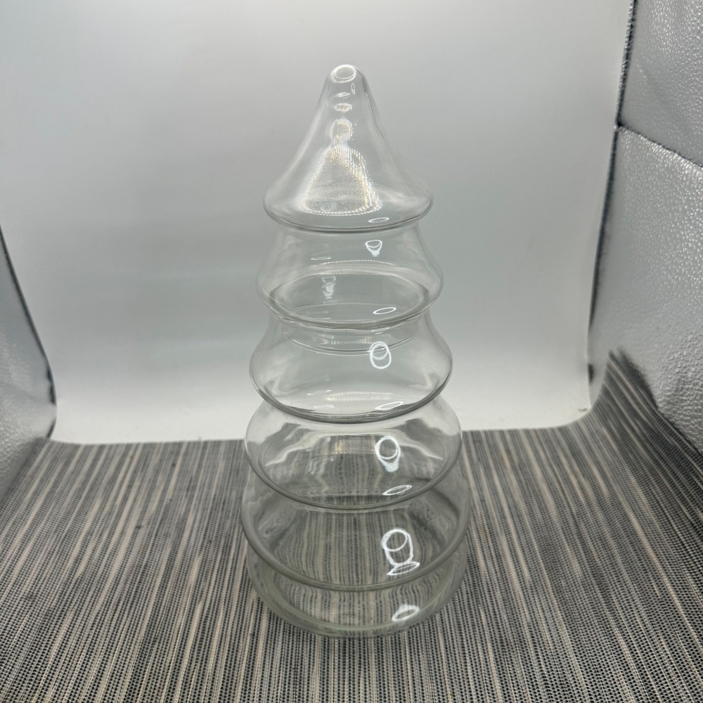 Vintage Clear Glass Christmas Tree Apothecary Jar Tiered Candy Dish 11 inch